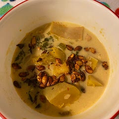 I kept the skin of the squash for more nutrients and doubled the chilly flakes. And instead of pumpkin seeds I just used the seeds from the butternut squash. In future I will also swap the water for broth. Overall love it though.