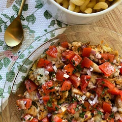 We love this dish, however we prefer fresh tomatoes so I bake the chicken with the cheese (without the tomatoes) and make a quick bruschetta. Once I take the chicken out of the oven I sprinkle the bruschetta overtop - YUMMY! It’s so fresh and delicious. I typically serve with pasta, a side salad, or some crusty bread.