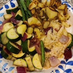 Super easy and delicious. Sauteed the zucchini and onions for a minute before adding to the pan. Paired with roasted potatoes and green beans.