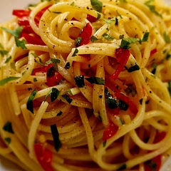 Made it for 1. 125g spaghetti, 1 large garlic clove, 3 tablespoons EVO, parsley.

Added pasta water until the dish had the consistency that I wanted. 