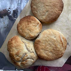 good biscuit flavor! used oat milk and swapped in frozen ghee for vegan butter. dough came out a little too tacky so had to sprinkle extra flour until it came together more. definitely recommend.