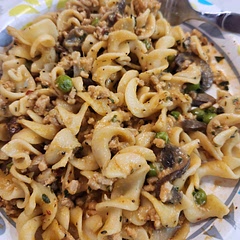 Did light sour cream and added a little extra at the end. Also added in garlic powder, peas, and crushed red pepper. It was delicious and easy