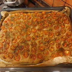 I made this with wholemeal bread flour so it didn't rise as much and get those crispy air bubbles from dimpling but it still tasted really nice