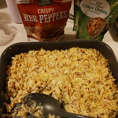 This was delicious! I too, added noodles (egg noodles) and some heavy cream for more moisture. Topped it with dried peppers and fried onions. 