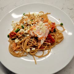 This was delicious! I really liked the crunchy feta cheese and the crumbled salmon and the juicy tomatoes all mixed together. It was a different type of dish and much appreciated!
