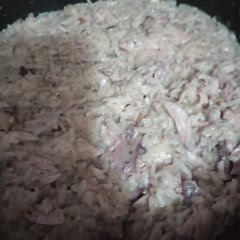 Ours is a little different we boiled some chicken leg quarters Andy boned it third in the pan with the onion and garlic and seasoning