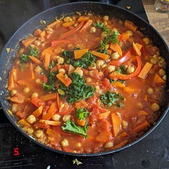 I forgot to add the peanut or almond butter, but still liked it. It took a bit longer for the sweet potato to cook fully, added some kale and peas. Delicious. Plenty of leftovers. 