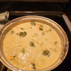 I added celery, dab of bacon grease, red chili peppers, of course twice the amount of veggies, broth,  flour, butter, and heavy whipping cream. 