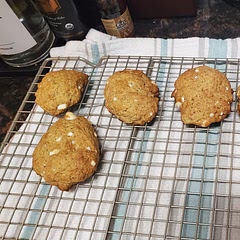 OMG! These are friggin delicious! I've never had banana cookies so I can't even compare, but I do have some substitutes based on what I had available:
-White chocolate chips
-Light brown sugar
Everything else I had (except pecans/nuts) and used exact measurements. I put the baking sheets on the middle tray in the oven and 15 minutes was enough time with them on there.
So delicious! 100/5 stars ๐