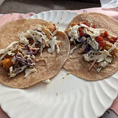 I would cut the fish into pieces first. The middle was still a little rubbery but the edges were over crispy. Also add more flavor to the slaw possibly with fresh red onion or poblano.