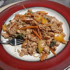 I added 2 packs of ramen and extra sauce (half the recipe.) It was delicious, next time I'll try using freshly grated ginger in place of the powder for a little more zip