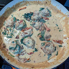 I will use a tiny bit less garlic in the meatballs next time. 
I had trouble with the meatballs sticking to the pan, but I salvaged them and deglazed the pan with a bit of white wine.

Other than that, it was really good. Everyone ate it!
