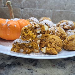 I'm a busy mom and I love that there is a small ingredient list! These are fluffy, pumpkin-y cookies that I added cream cheese chocolate chips to. I know they'll disappear once the kids get home from school! 