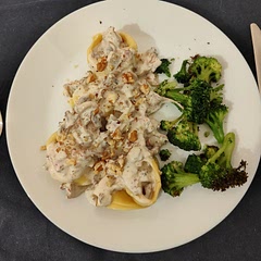 So nice. I served it over mushroom stuffed tortellini, and some broccoli.
I added two types of mushrooms, that really impacts the flavor!

There is also no need for butter or oil, because the bacon releases it's fat. 

Sprinkled on top some walnuts 