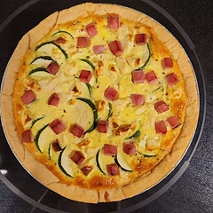 Added ham, needed a bigger pie crust so we made two instead one