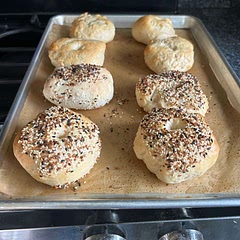 Perfect bagels-crusty on the outside, soft and chewy inside. Start these the night before-no work putting the dough together.  Very clear instructions for the actual bagel making process.