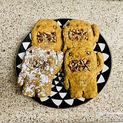 The cookies are chewy and really good! I added pecans and made them into Domo monsters. One is a lone snow Domo monster with powdered sugar 😂