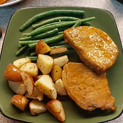 Pork chops were good, not dry. Did not have Yukon Golds, used President's Choice baby potatoes (Canadian brand), were crispy on outside, soft on inside. Green beans had slight snap, not soggy. Family liked it, would make again.