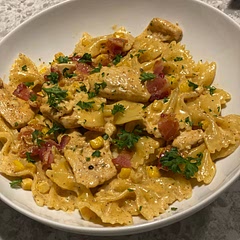 I thought I used a ton of seasoning, but still needs more. And more Parmesan. Otherwise, very tasty!
Added some peas, could cut that into amount of corn, adds some nice color
