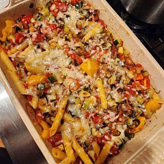Because there was no quantity value on the veg (zucchini, onion and eggplant), this was super veggie heavy. In the future, I'd add a bit more pasta. Didn't have pesto so I used a sundried tomato paste/mix. Was good! 
