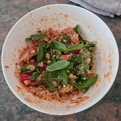 Had to cook couscous in a saucepan. Pesto was great. Probably too much red onion, and cherry tomatoes would probably be better. Delicious!