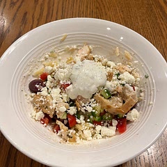 I beat my chicken breast and marinated it in Ken’s Steak House Greek dressing. I also added Kalamata olives to the vegetable mix.
