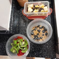 All prepped & ready to go. 
Simple but lovely with the different combinations of fruit & toppings. 
