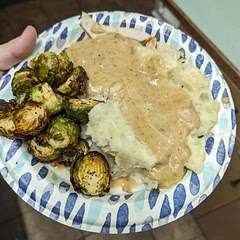 Delicious dinner. Served with mashed potatoes and brussel sprouts.