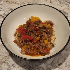 Super easy and yummy. Only did 1 lb beef. Used canned diced tomatoes and lots of capers. 4 tbsp olive brine. 2+ tsp dried cilantro. Served over brown rice. 