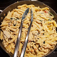 This was pretty good. Never had boursin cheese before this. The sun dried tomatoes worked really well, next time I'll add more. Made a ton of leftovers since it's just the 2 of us eating