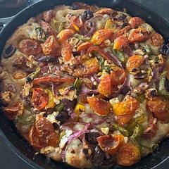Greek salad focaccia.    Fabulous with her tzatziki sauce recipe!!! A winner