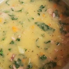 Added ham. Split the broth 50/50 low sodium vegetable and low sodium chicken. Blended half the veggies. Remaining potatoes were too soft/mushy. 
