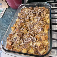 Came out delicious. Very sweet so doesn’t need maple syrup. Very easy for Christmas morning. Crispy tops and wet bottoms.