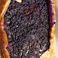 I used frozen blueberries (thawed) and the result was a watery filling.  I also used puff pastry for the crust