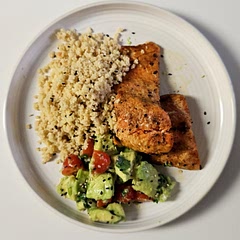 Served with cous cous. Delicious avocado salsa!!

Not a fan of raw onions so I soaked them in apple cider vinegar for about 15 mins to cut the taste.

Also cooked the salmon in air fryer at 375 for about  15 minutes.