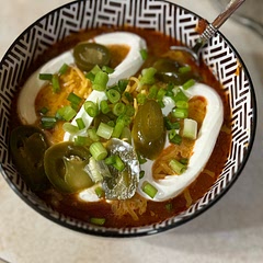 I seasoned with my heart, also used 1lb sausage and 1lb beef. Just based my chili off this recipe.
Topped with cheese, sour cream, jalapeños and green onion. Delish!
