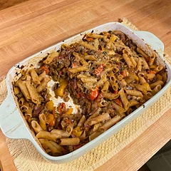 I added ground beef, and probably more pesto than it called for. I’m not a huge fan of eggplant, but this was very tasty.