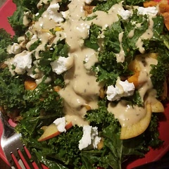 Very good, barely even noticed we were eating kale! Added goat cheese and used a sesame dressing instead of making the tahini, was very tasty!