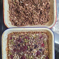 Replaced banana with 2 eggs, added protein milo and cocoa and flaxed coconut. Seperated into 2 trays and roughed one up like crumble, top with sunflower and pumpkin seeds and berries