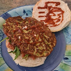 Served as a burger with the tomato salsa, rocket and sriracha in a burger bun. Delicious!!