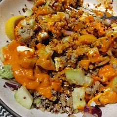 The roasted pepper sauce is lit! Makes the whole dish - don't skip it!