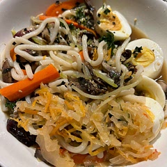Very flexible. You can swap different types of noodles, broth, veggies and toppings.  I sautéed the mushrooms with the garlic and ginger and 
they were delicious. I love this with udon noodles.