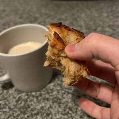 I did a few changes:

• I added Cinnamon
• No sugar (instead I added a bit of honey)
• Whole wheat flour

Sadly I eat it all at once so at the end was not healthy. T.T