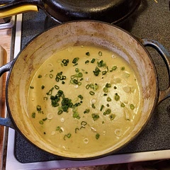 Couldn't find the right amount of leeks, so it's half substituted with onions and green onions. Works good enough. It's quite customizable. I always add a few dashes of Tabasco sauce to my serving.