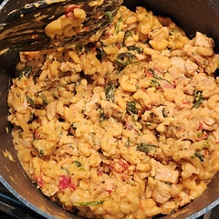 We used 16oz of macaroni, 4 cups of milk, and 2 1/2 cups of chicken broth. We'll definitely be using 1/2 cup of white wine next time. Also used equal parts of all the cheeses.