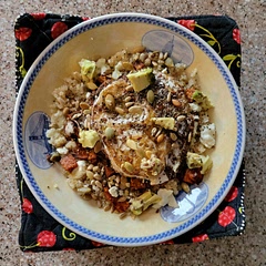 Fried the egg and added pepitas, sunflower seeds, flax seeds and chia seeds with sweet potato, feta cheese, avocado, and quinoa. 