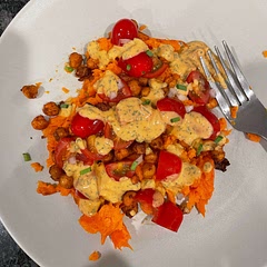 my GOSH this is delicious. used red pepper hummus in the dressing. will make again and again and again.