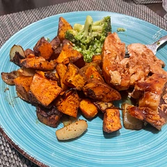 This meal was so delicious with these edits. I added smoke paprika to the sweet potatoes and seasoned the chicken breasts with creole seasoning. Lastly, I used a sweet and spicy bbq sauce.