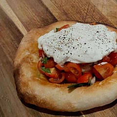 Tomatoes, onion, garlic, basil, parmesan and burrata