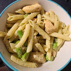 Swapped the pasta style, but it still turned out pretty good. Took about 45 minutes when cooking 4 servings and using a stove top instead of grill at a leisurely pace.